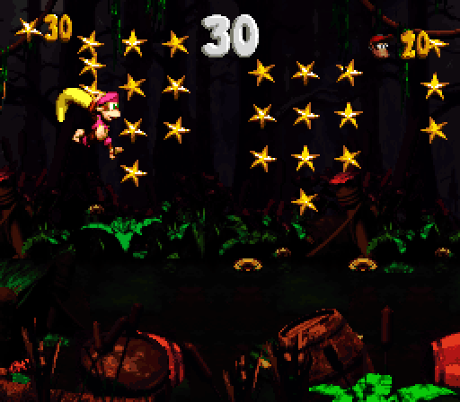 Donkey Kong Country 2: Diddy's Kong Quest Super NES Screenshot: Collect stars in this mini-game.