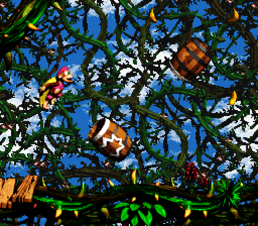 Donkey Kong Country 2: Diddy's Kong Quest Super NES Screenshot: Time to leap into some barrels!