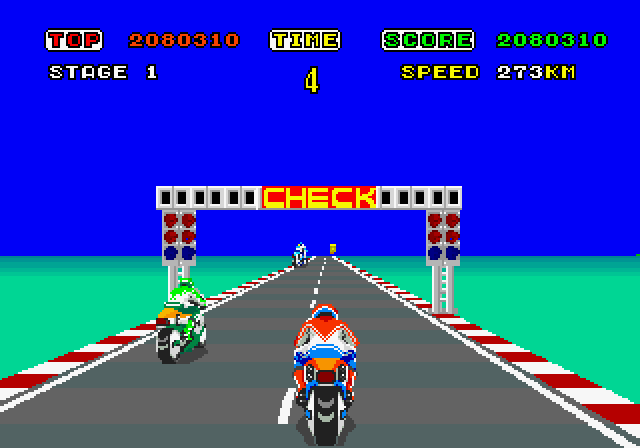 Hang-On Arcade Screenshot: Reached a checkpoint.