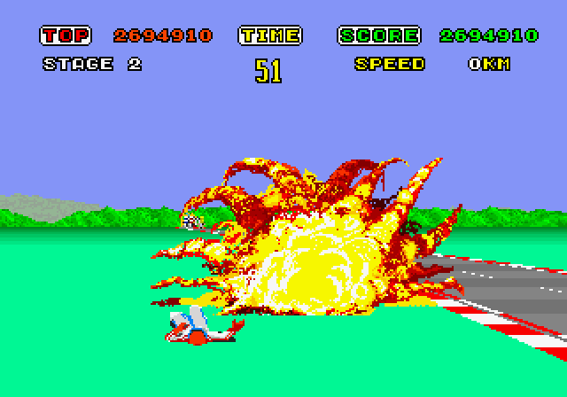 Hang-On Arcade Screenshot: A crash! This will cost some time...