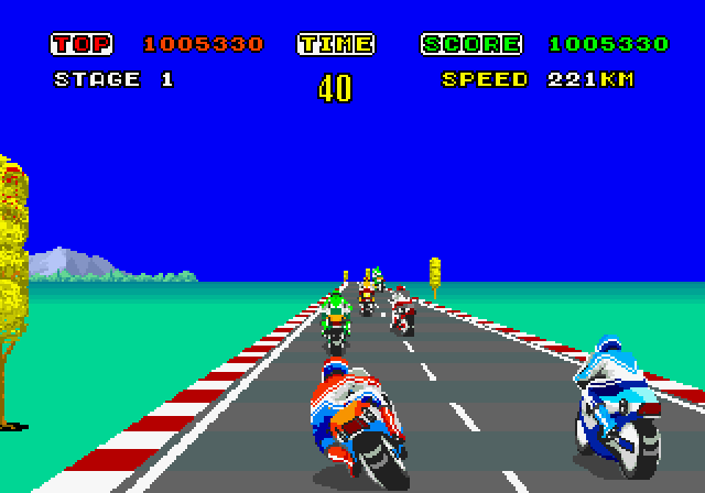 Hang-On Arcade Screenshot: Don't crash into other bikers...