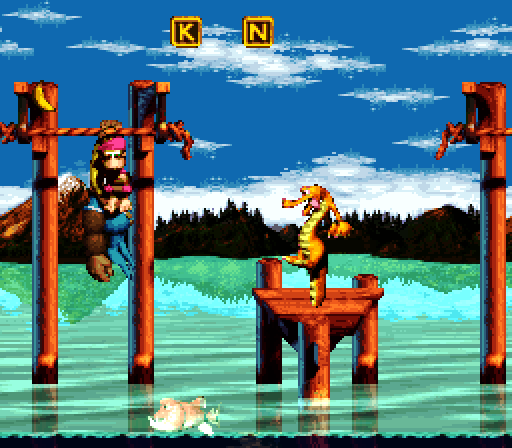 Donkey Kong Country 3: Dixie Kong's Double Trouble! Super NES Screenshot: A dancing croc blocks the path.