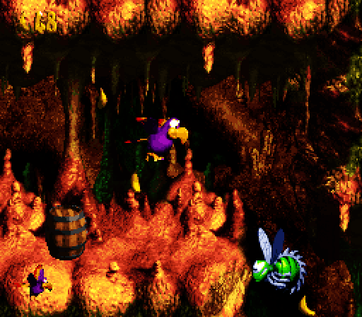Donkey Kong Country 3: Dixie Kong's Double Trouble! Super NES Screenshot: As a bird again flying through a cave...