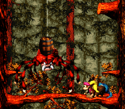 Donkey Kong Country 3: Dixie Kong's Double Trouble! Super NES Screenshot: Fighting a huge spider!
