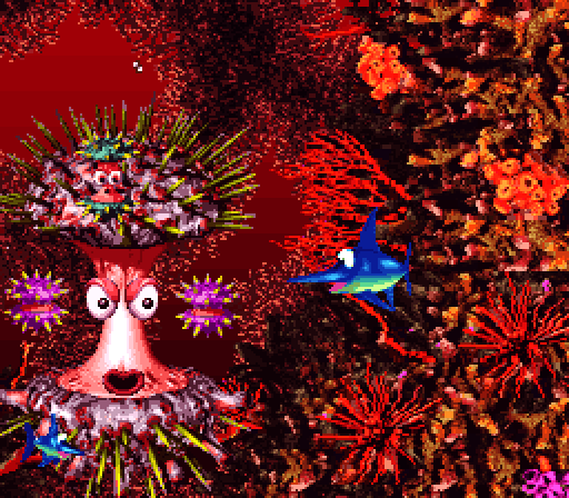 Donkey Kong Country 3: Dixie Kong's Double Trouble! Super NES Screenshot: The spikey end of level boss...you'll battle as a fish this time!