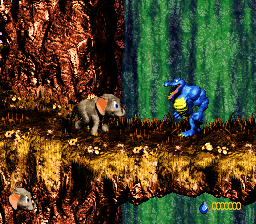Donkey Kong Country 3: Dixie Kong's Double Trouble! Super NES Screenshot: Who will win, the elephant or the croc?
