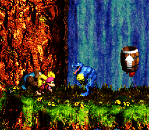 Donkey Kong Country 3: Dixie Kong's Double Trouble! Super NES Screenshot: Here comes a tough looking croc...