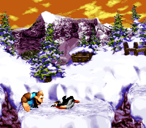 Donkey Kong Country 3: Dixie Kong's Double Trouble! Super NES Screenshot: Sliding penguins get in the way here!