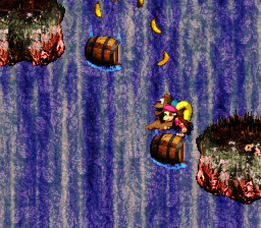Donkey Kong Country 3: Dixie Kong's Double Trouble! Super NES Screenshot: You need to be quick to hop across on falling barrels...