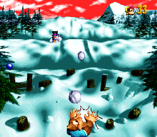 Donkey Kong Country 3: Dixie Kong's Double Trouble! Super NES Screenshot: A snowball fight with a snowman!