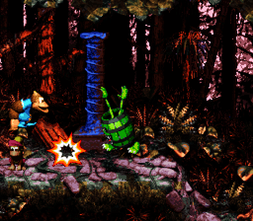 Donkey Kong Country 3: Dixie Kong's Double Trouble! Super NES Screenshot: A running barrel knocks me over...
