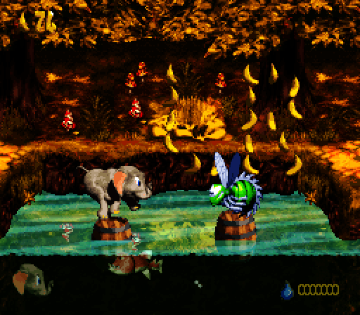 Donkey Kong Country 3: Dixie Kong's Double Trouble! Super NES Screenshot: A deadly fish lurks in the water, don't fall off the barrel!