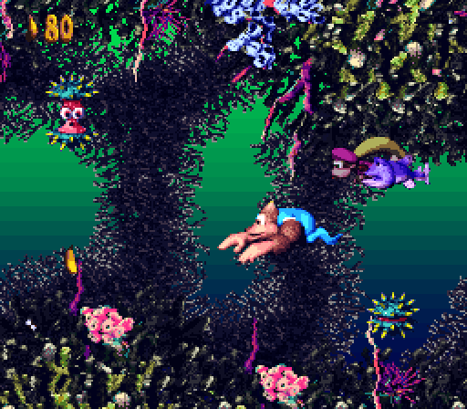 Donkey Kong Country 3: Dixie Kong's Double Trouble! Super NES Screenshot: A fish is following me, I need to make sure it remains well fed...