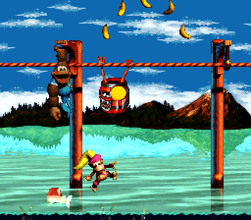 Donkey Kong Country 3: Dixie Kong's Double Trouble! Super NES Screenshot: This barrel can climb ropes!