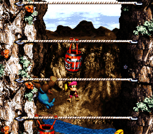 Donkey Kong Country 3: Dixie Kong's Double Trouble! Super NES Screenshot: Climb past all of the explosive barrels...who can also climb!