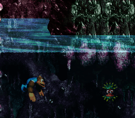 Donkey Kong Country 3: Dixie Kong's Double Trouble! Super NES Screenshot: Dangerous spikey creatures are in the water, be careful when swimming...