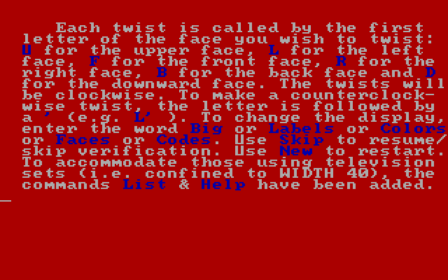 Rubik's Cube IBM PC/Compatibles Screenshot: Game instructions.