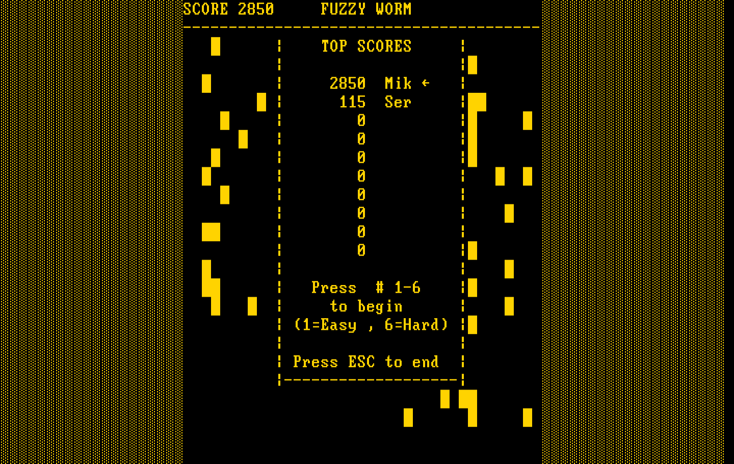Fuzzy Worm IBM PC/Compatibles Screenshot: The high score table.