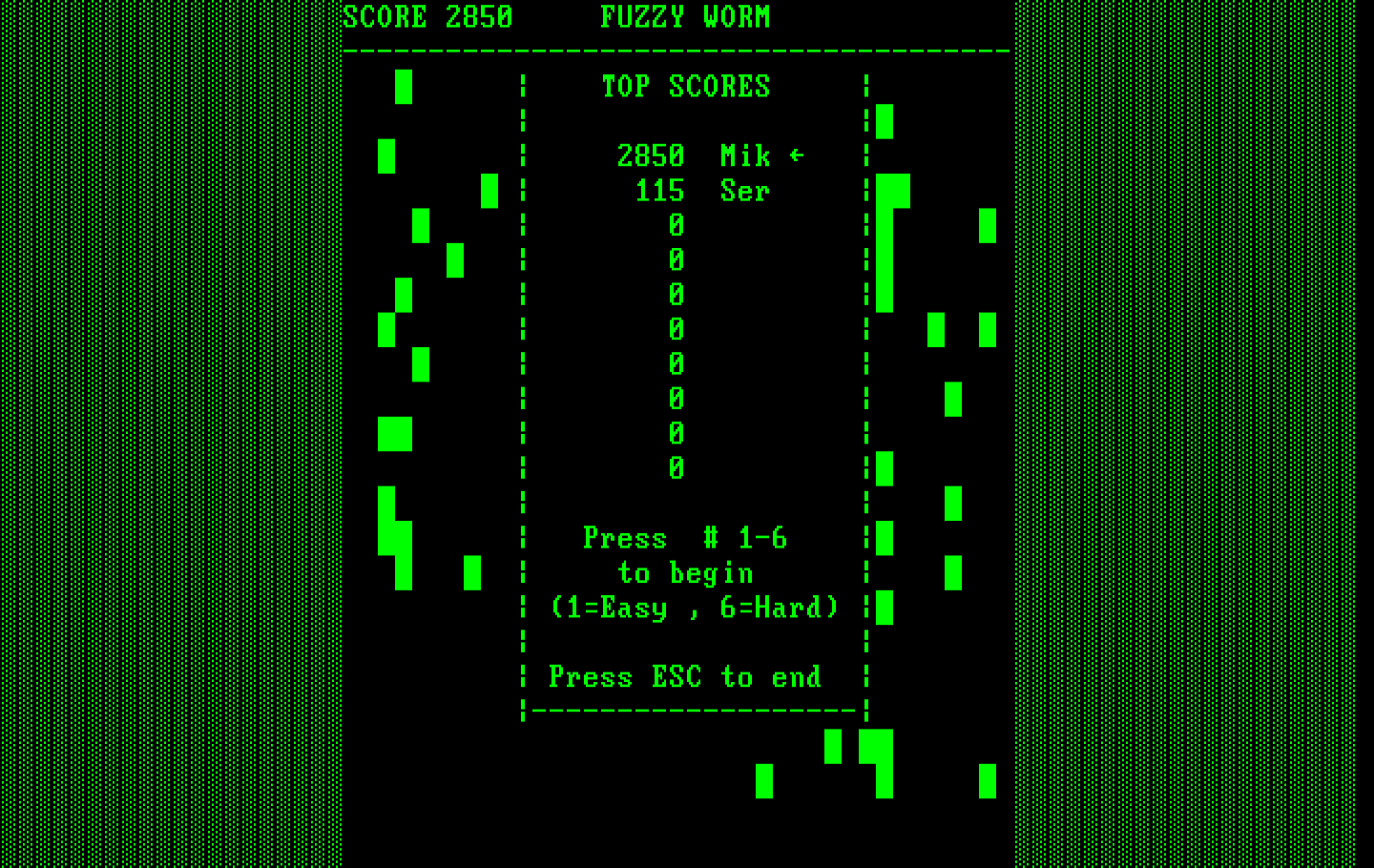Fuzzy Worm IBM PC/Compatibles Screenshot: The high score table.