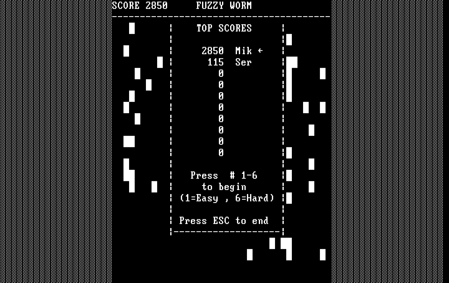 Fuzzy Worm IBM PC/Compatibles Screenshot: The high score table.