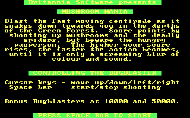 Mushroom Mania IBM PC/Compatibles Screenshot: Game instructions.