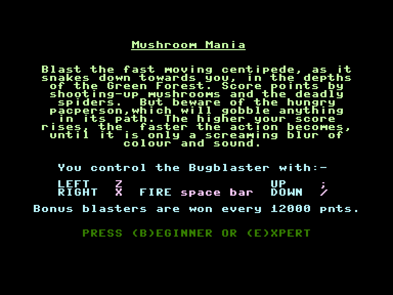 Mushroom Mania Commodore 16 & Plus/4 Screenshot: Starting screen and game instructions.