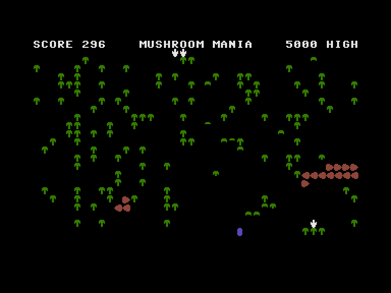 Mushroom Mania Commodore 16 & Plus/4 Screenshot: Blasting the centipede!