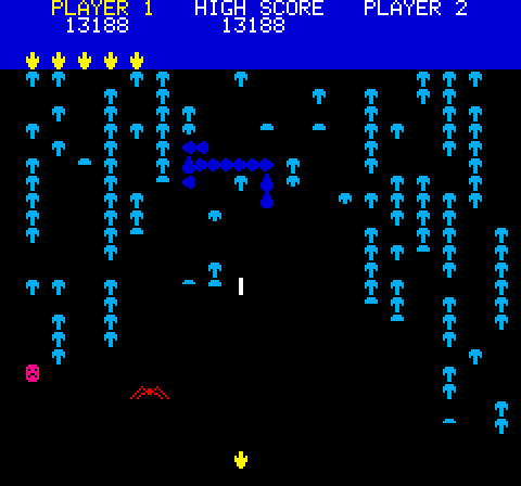 Mushroom Mania Oric Screenshot: Here comes the next centipede...