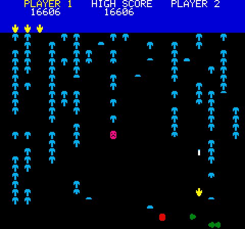 Mushroom Mania Oric Screenshot: When the centipede reaches the bottom of the screen it will head back up again...