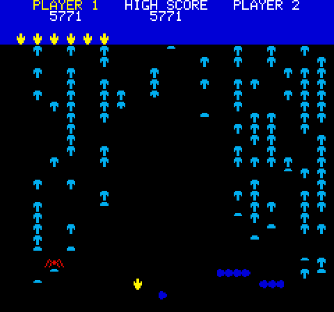 Mushroom Mania Oric Screenshot: Be careful when the centipede is low on the screen...