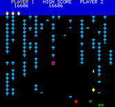 Mushroom Mania for Oric - When the centipede reaches the bottom of the screen it will head back up again...