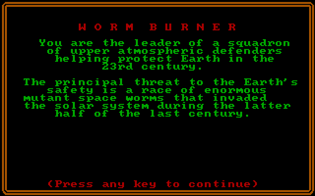 Worm Burner IBM PC/Compatibles Screenshot: Instructions, page 1.