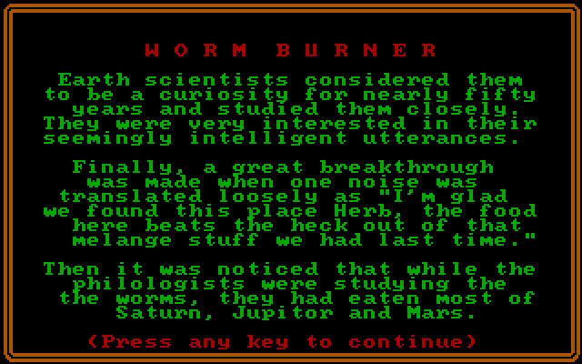 Worm Burner IBM PC/Compatibles Screenshot: Instructions, page 2...there are several more pages also!