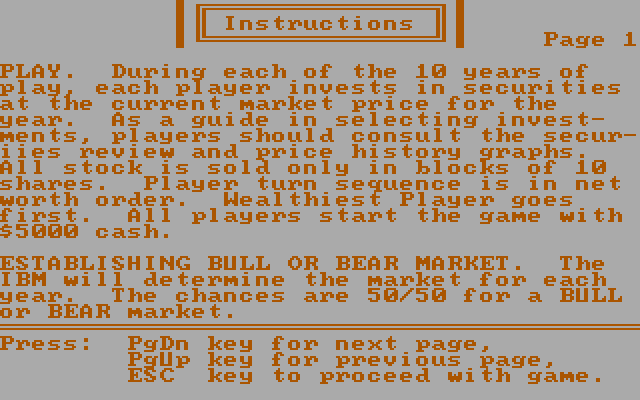 Computer Stocks & Bonds IBM PC/Compatibles Screenshot: Game instructions.