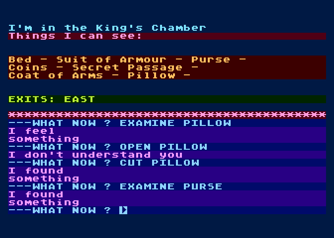 Arrow of Death: Part I Atari 8-bit Screenshot: Searching the bed...