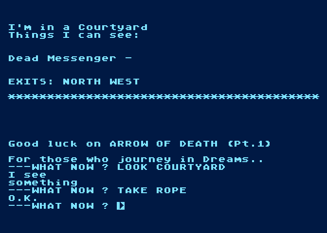 Arrow of Death: Part I Atari 8-bit Screenshot: The game has an option to turn off the color highlights.