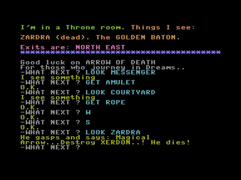 Arrow of Death: Part I Commodore 16 & Plus/4 Screenshot: Zardra is dead, but this could be a clue!