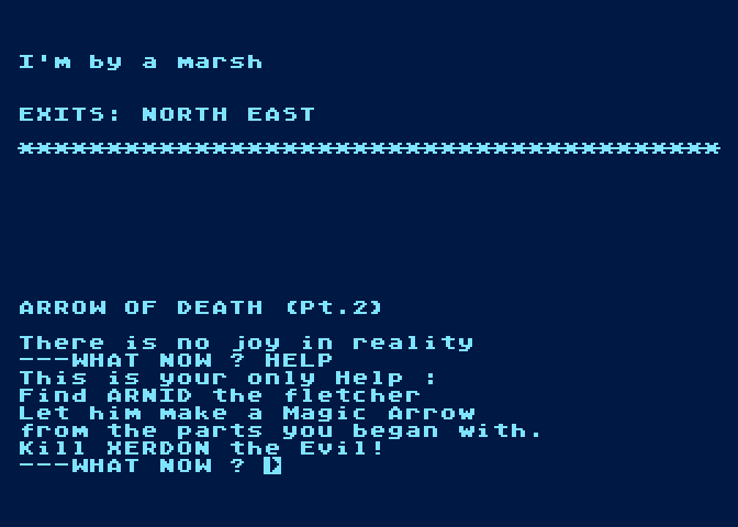 Arrow of Death: Part II Atari 8-bit Screenshot: The game includes an option to turn off the color highlights.