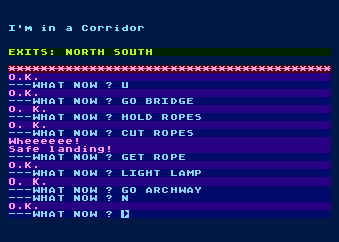 Arrow of Death: Part II Atari 8-bit Screenshot: A safe landing after daring to cut the ropes on a bridge.