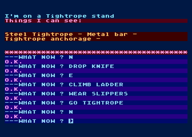Circus Atari 8-bit Screenshot: Up on a tightrope!