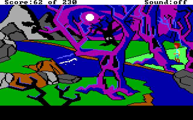 Black Cauldron, The IBM PC/Compatibles Screenshot: A spooky forest...not a good place to swim!