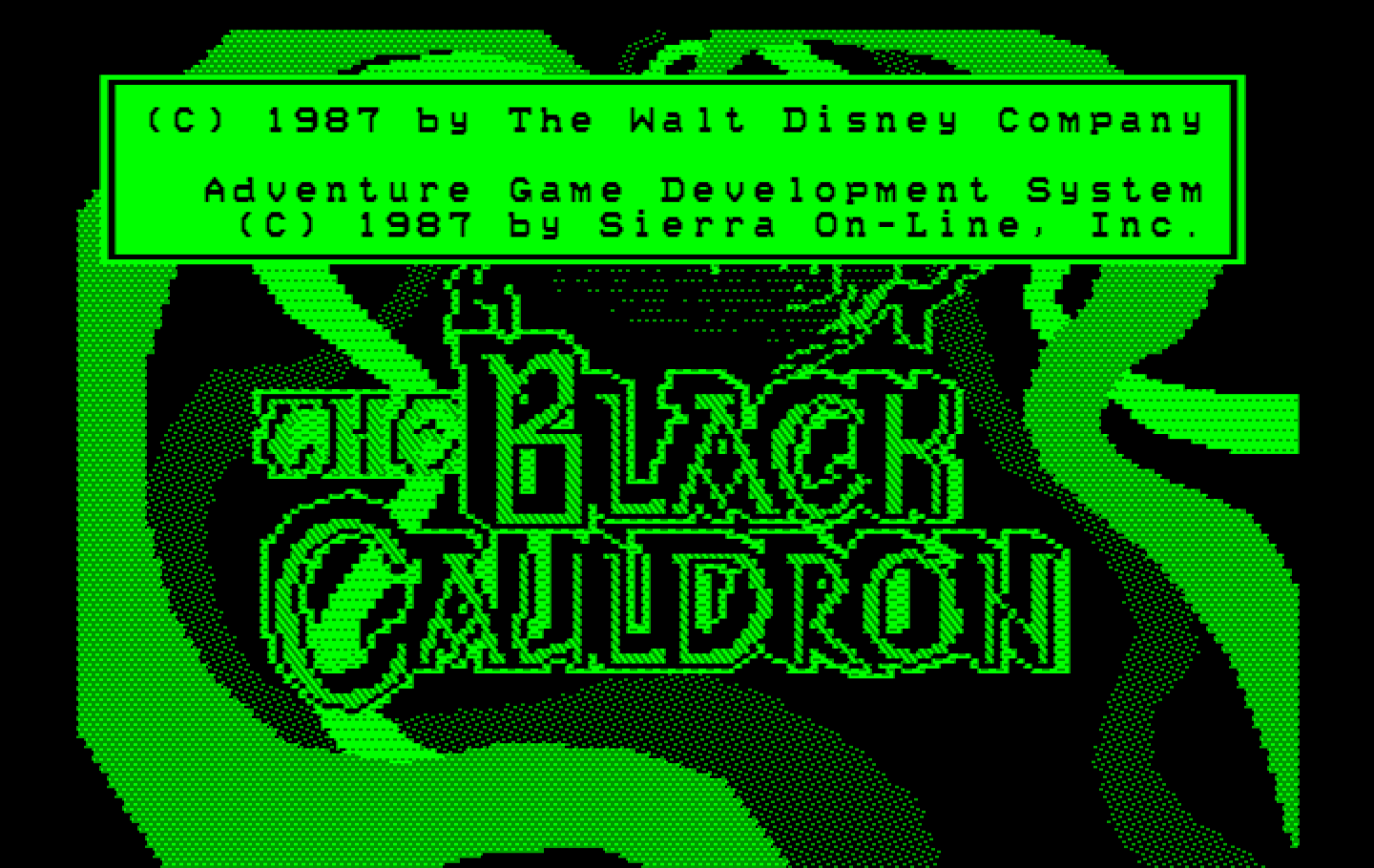 Black Cauldron, The IBM PC/Compatibles Screenshot: In the monochrome version the copyright text appears above the title.