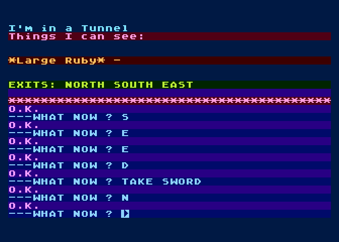Feasibility Experiment Atari 8-bit Screenshot: Found a large ruby!