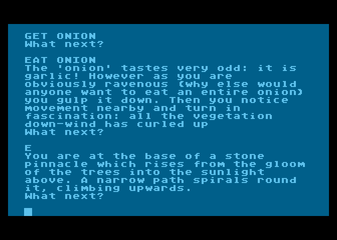 Adventure Quest Atari 8-bit Screenshot: Hey, this onion is really garlic!