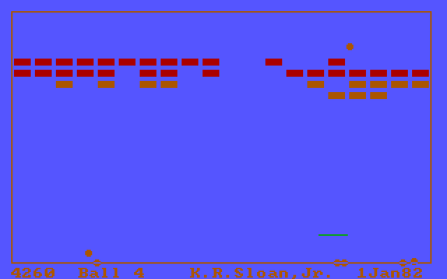 Spinout IBM PC/Compatibles Screenshot: The ball bounces along the top of the bricks...