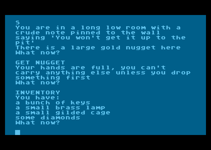 Colossal Adventure Atari 8-bit Screenshot: I can't carry any more items...which one should I drop?