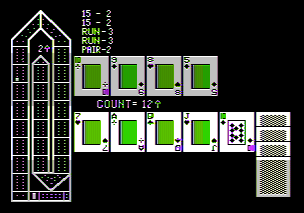 Hi-Res Cribbage Apple II Screenshot: Tallying at the end of a hand.