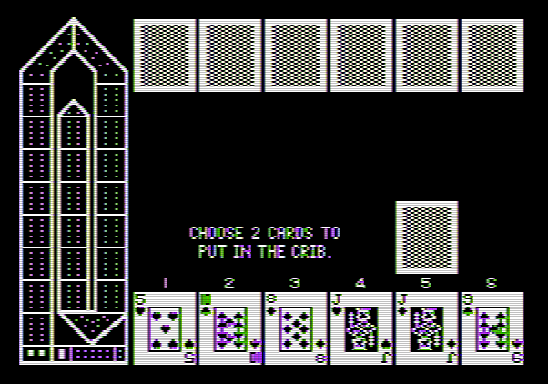 Hi-Res Cribbage Apple II Screenshot: Game start; select 2 cards to put in the crib.