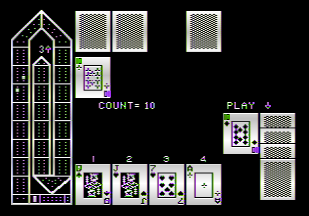 Hi-Res Cribbage Apple II Screenshot: Select the next card to play...