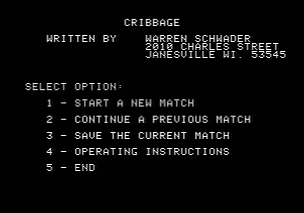 Hi-Res Cribbage Apple II Screenshot: Title screen and main menu.